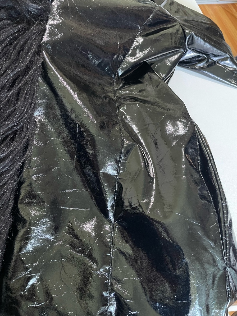 UNIF Imp Coat Glossy Vinyl Faux Fur Trim Hooded Jacket Black Medium Whimsigoth - Picture 12 of 16